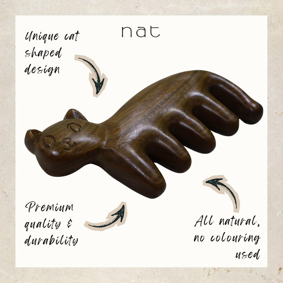 NAT Cute Kitty Cat Natural Argentinian Green Sandalwood Stress Relief Massage Anti-Static Comb for Gua Sha and Massaging - 99CAT1