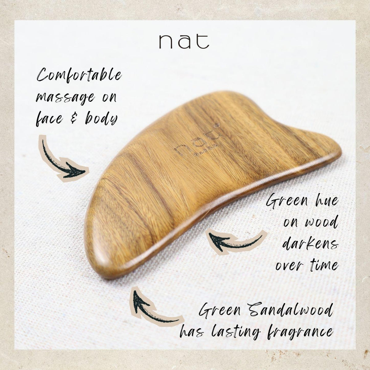 NAT Natural Smooth Argentinian Green Sandalwood Wood Wooden Massage Anti-Static Ox Horn Design Gua Sha - 9940
