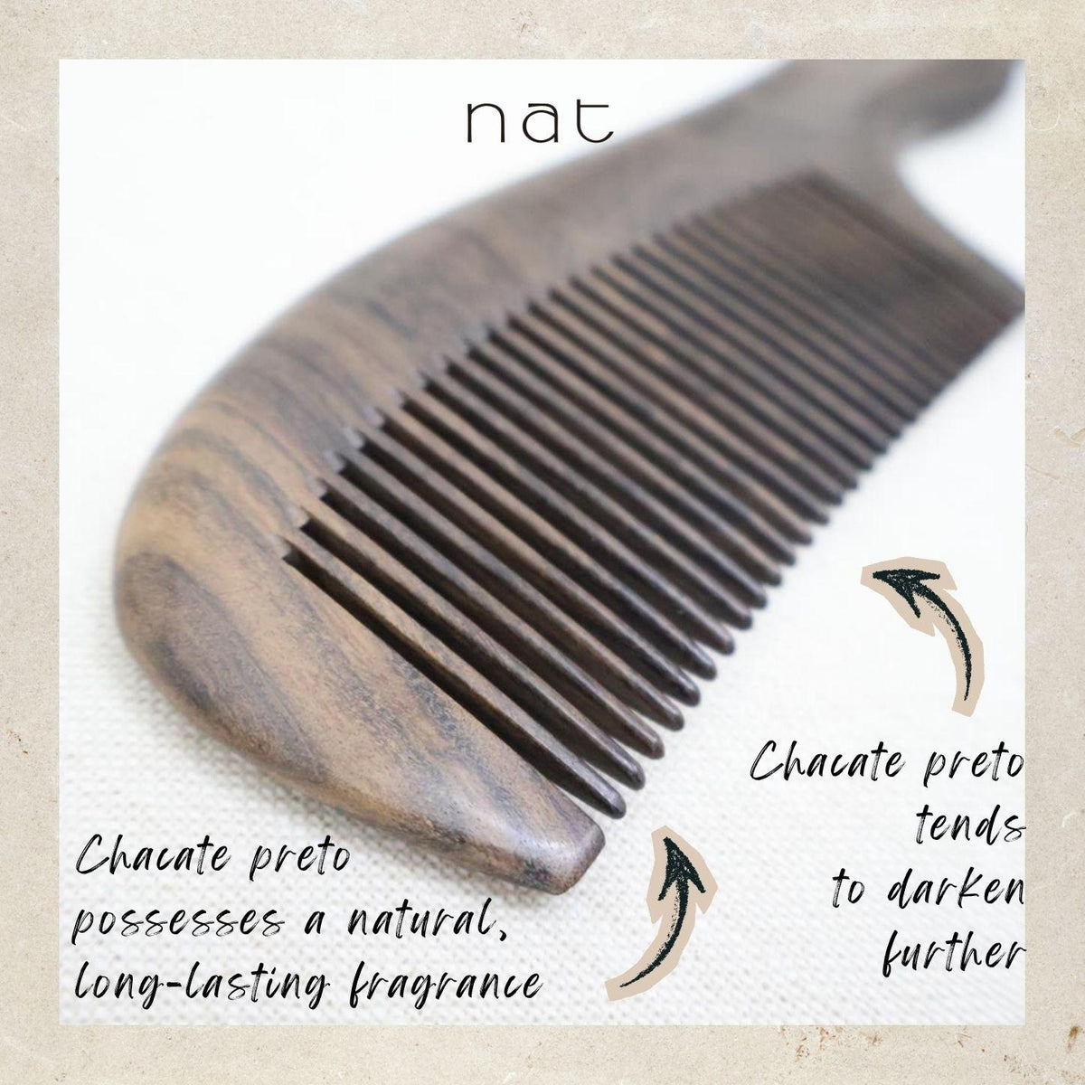 NAT Natural Smooth Care Chacate Preto Wooden Wood Narrow Tooth Ergonormic Handy Premium Anti-Static Comb - 9925