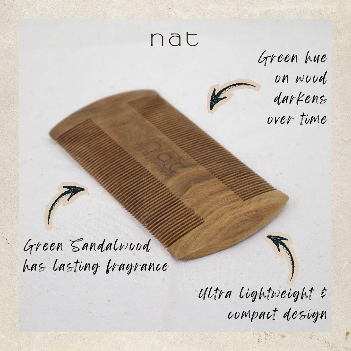 NAT Natural Green Sandalwood Double Sided Anti-Static Beard Care Comb - 9849