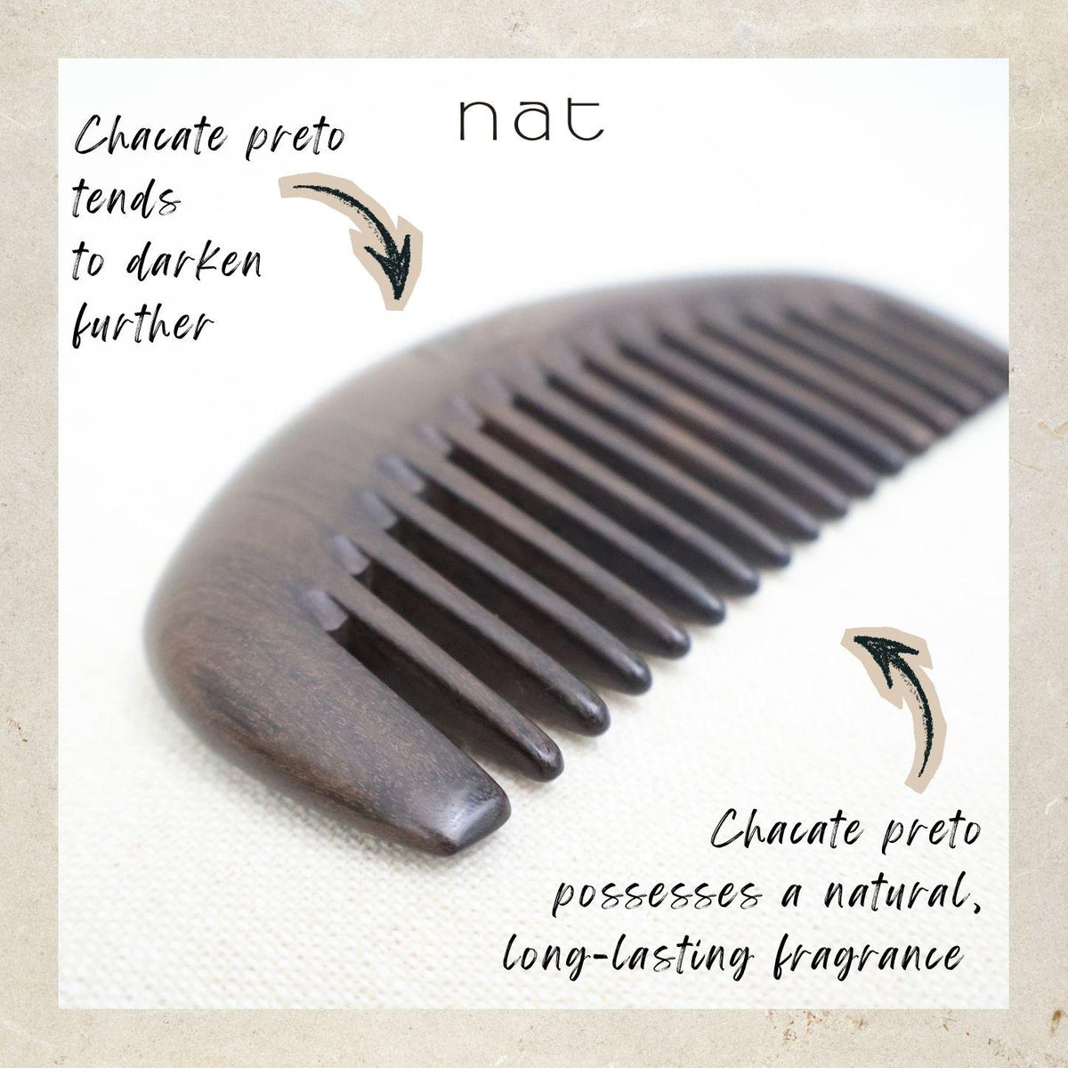 NAT Natural Chacate Preto Wooden Wood Wide Tooth Portable Anti-Static Gentle Care Comb - 9921