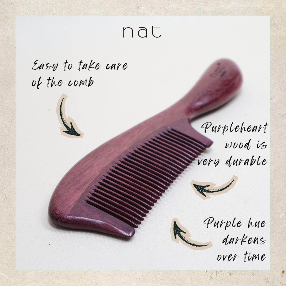 NAT Natural Purpleheart Hardwood Wooden Anti-Static Wood Smooth Care Comb - 9956