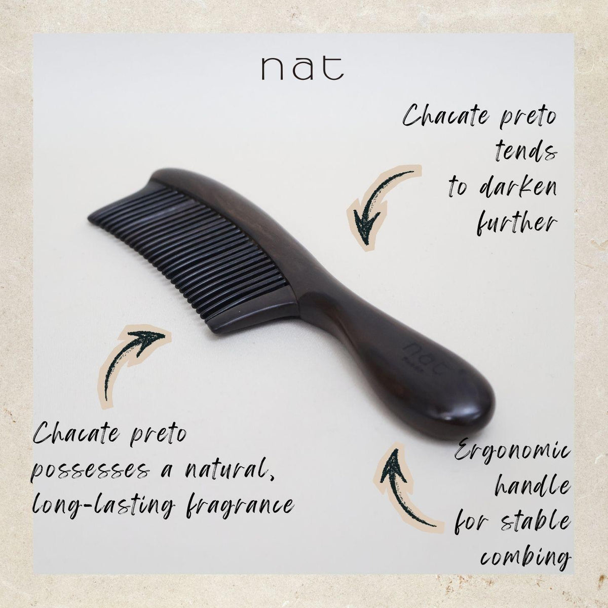 NAT PREMIUM Natural Chacate Preto Wooden Wood Broad Rounded Bristles Ergonormic Anti-Static Care Comb - 9927