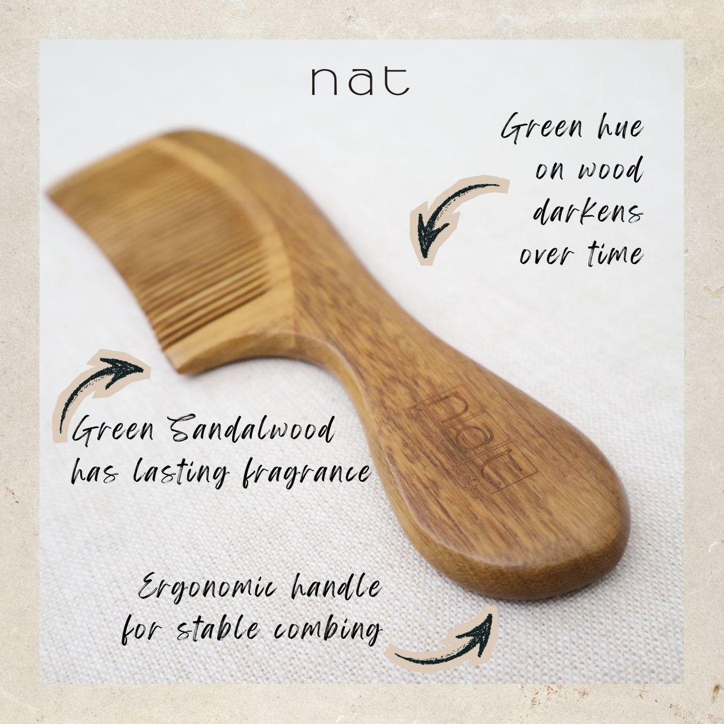 NAT Natural Green Sandalwood Fine Tooth Mix Color Anti-Static Gentle Relief Comb - 9847