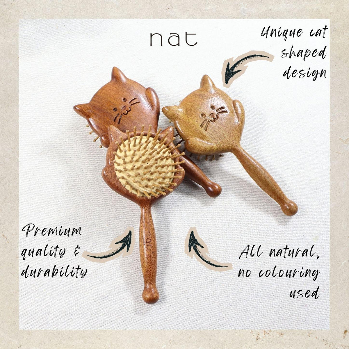 NAT Natural Gold Sandalwood Wood Cute Kitty Hair Brush - 99CAT3