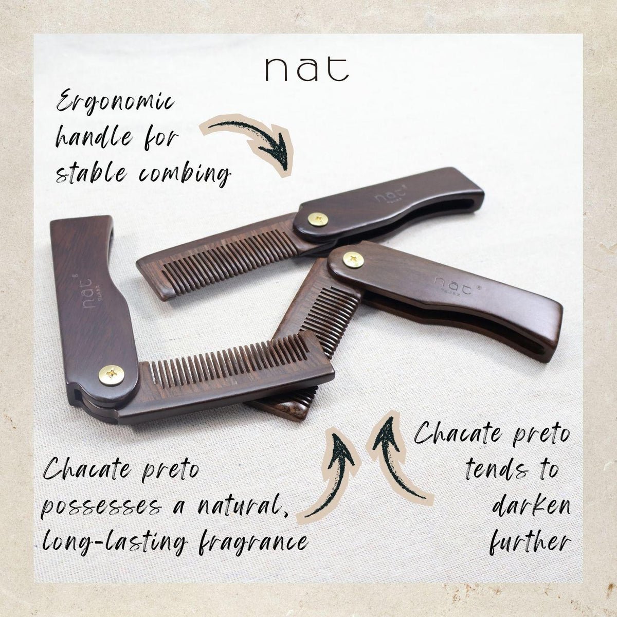 NAT High Quality & Premium Anti Static Natural Chacate Preto Wooden Foldable Gentle Care Comb - 9977