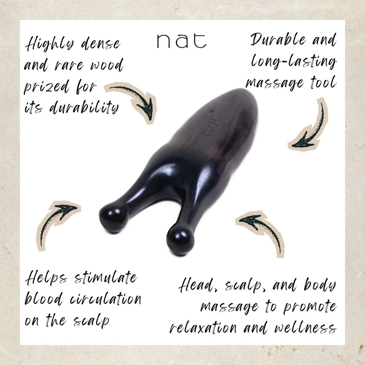 NAT Natural Precious African Blackwood Dalbergia Wood Wooden Relax Scalp Massage Anti-Static Eye & Nose Gua Sha - 9943