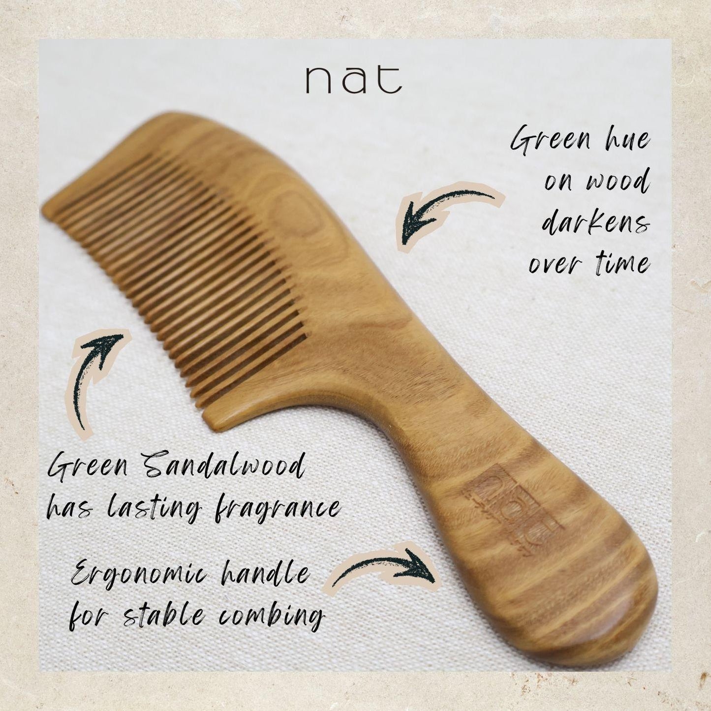 NAT Natural Green Sandalwood Fine Tooth Anti-Static Soft Care Hair Comb - 9841