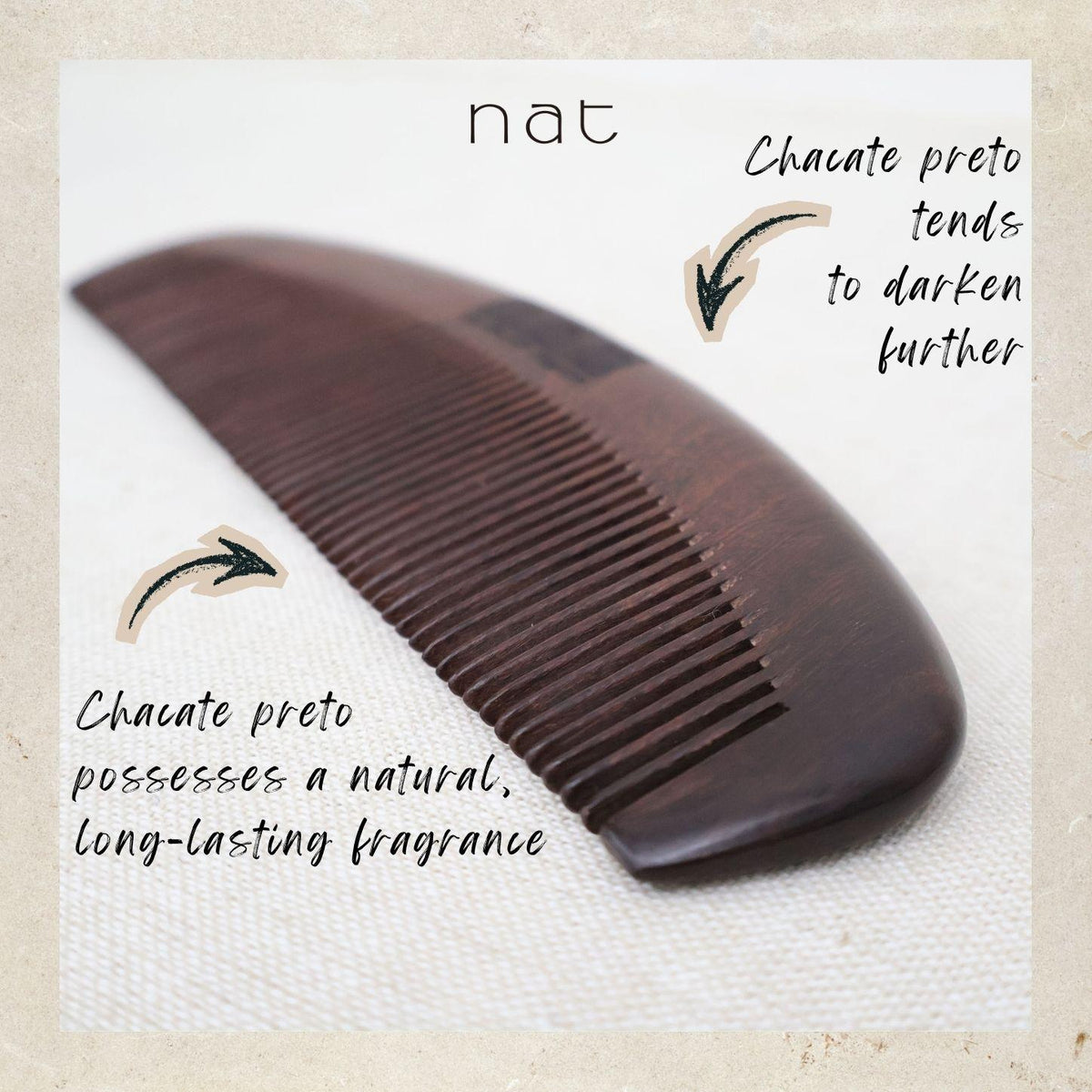 NAT Natural Chacate Preto Wood Fine Tooth Anti-Static Comfort Care Comb - 9844