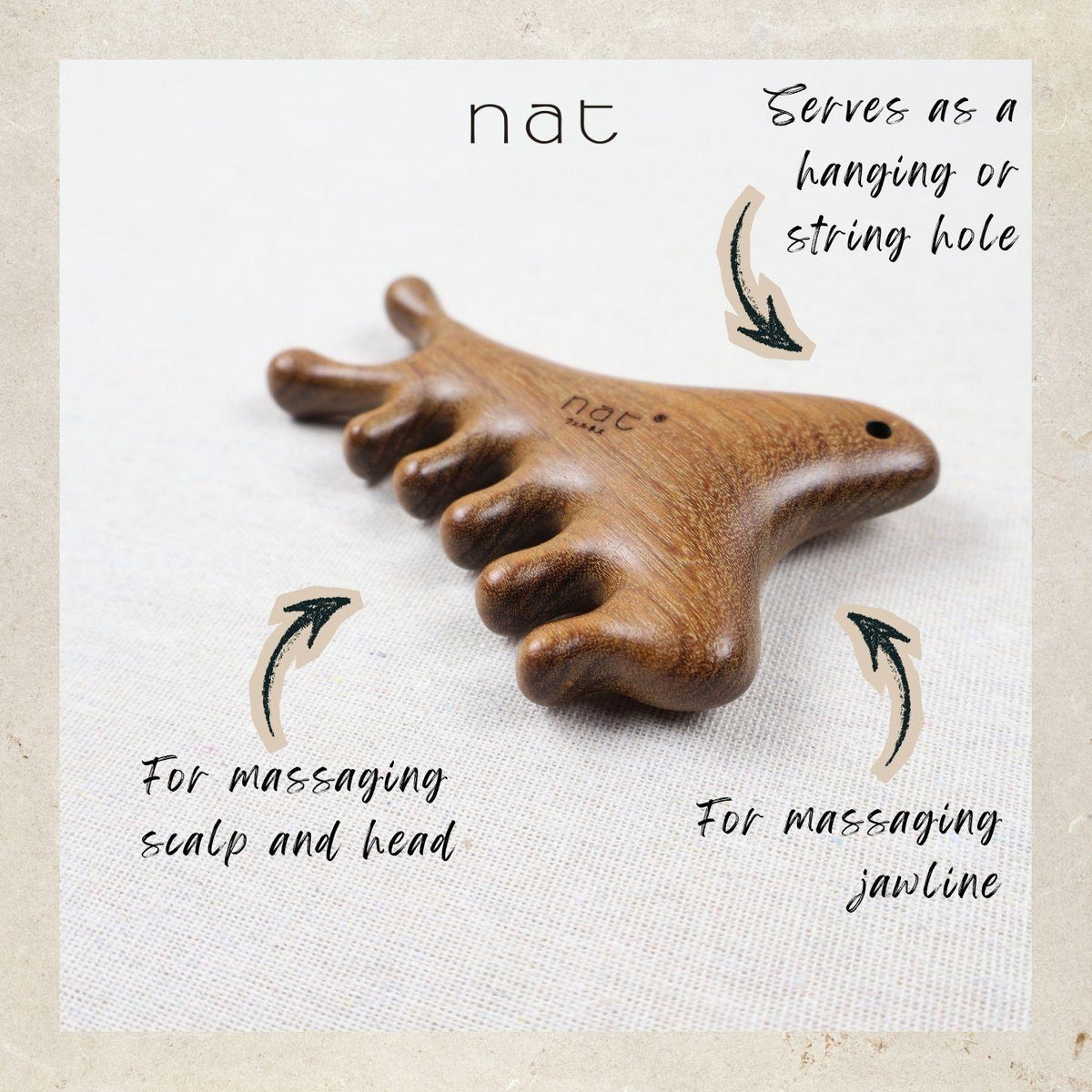 NAT 4-in-1 Natural Red Sandalwood Massage Anti-Static RootCare Comb for Gua Sha and Massaging - 1006