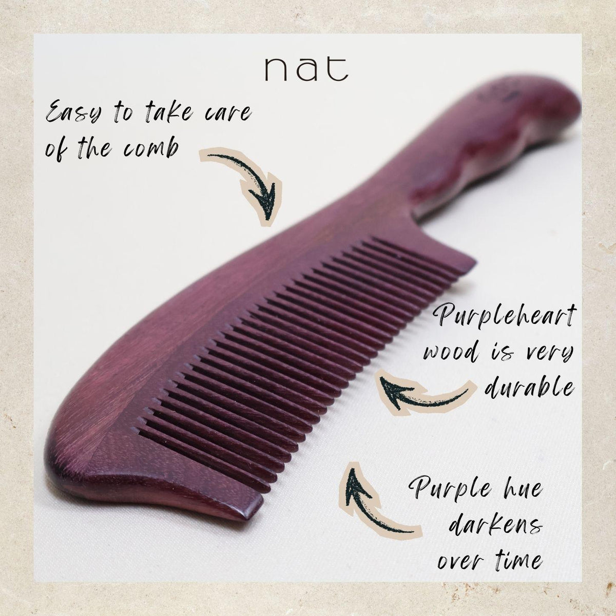 NAT Natural Purpleheart Hardwood Wooden Anti-Static Wood Luxe Detangle Comb - 9958