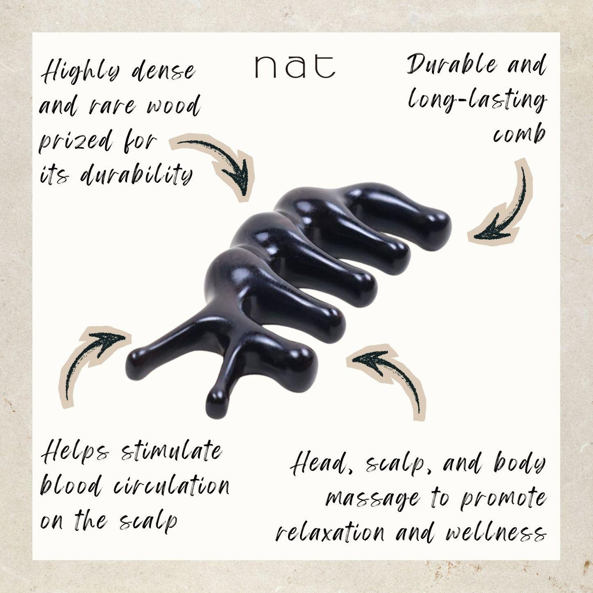 NAT Natural Silky Glide Rare African Blackwood Dalbergia Wood Wooden Massage Anti-Static Gua Sha Comb - 9946