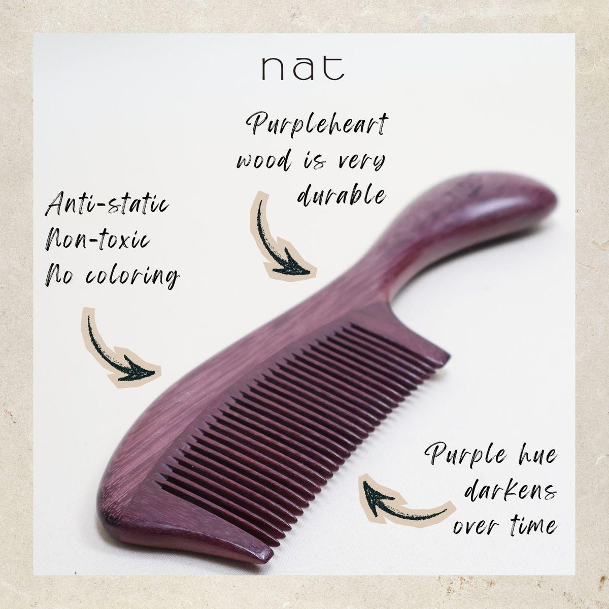 NAT Natural Purpleheart Hardwood Wooden Anti-Static Gentle Care Wood Comb - 9953