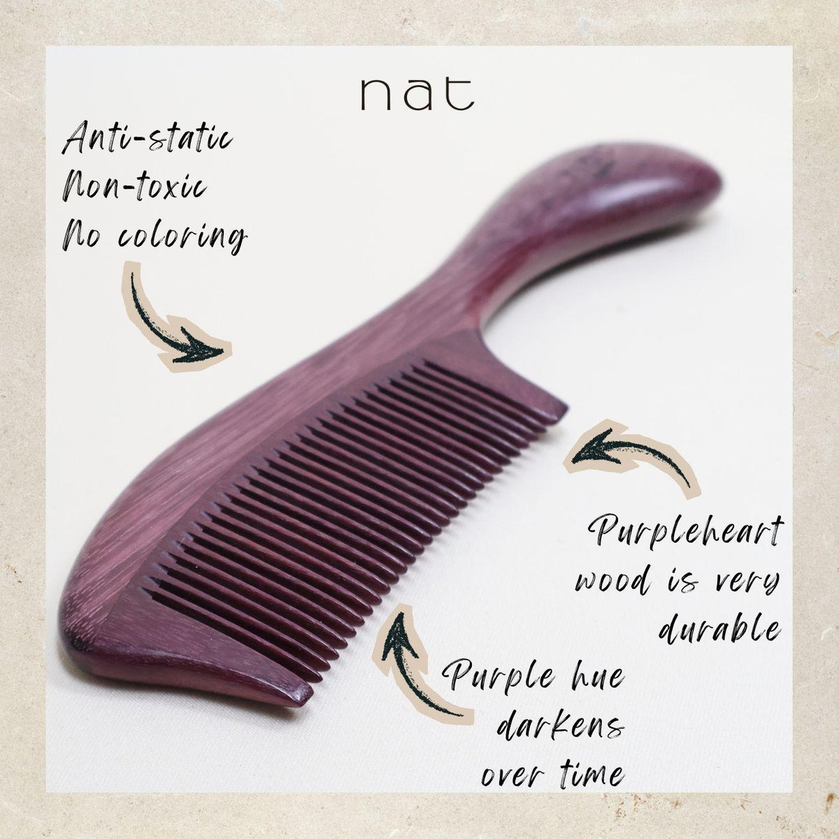 NAT Natural Purpleheart Hardwood Wooden Anti-Static Wood Shine & Smooth Comb - 9957