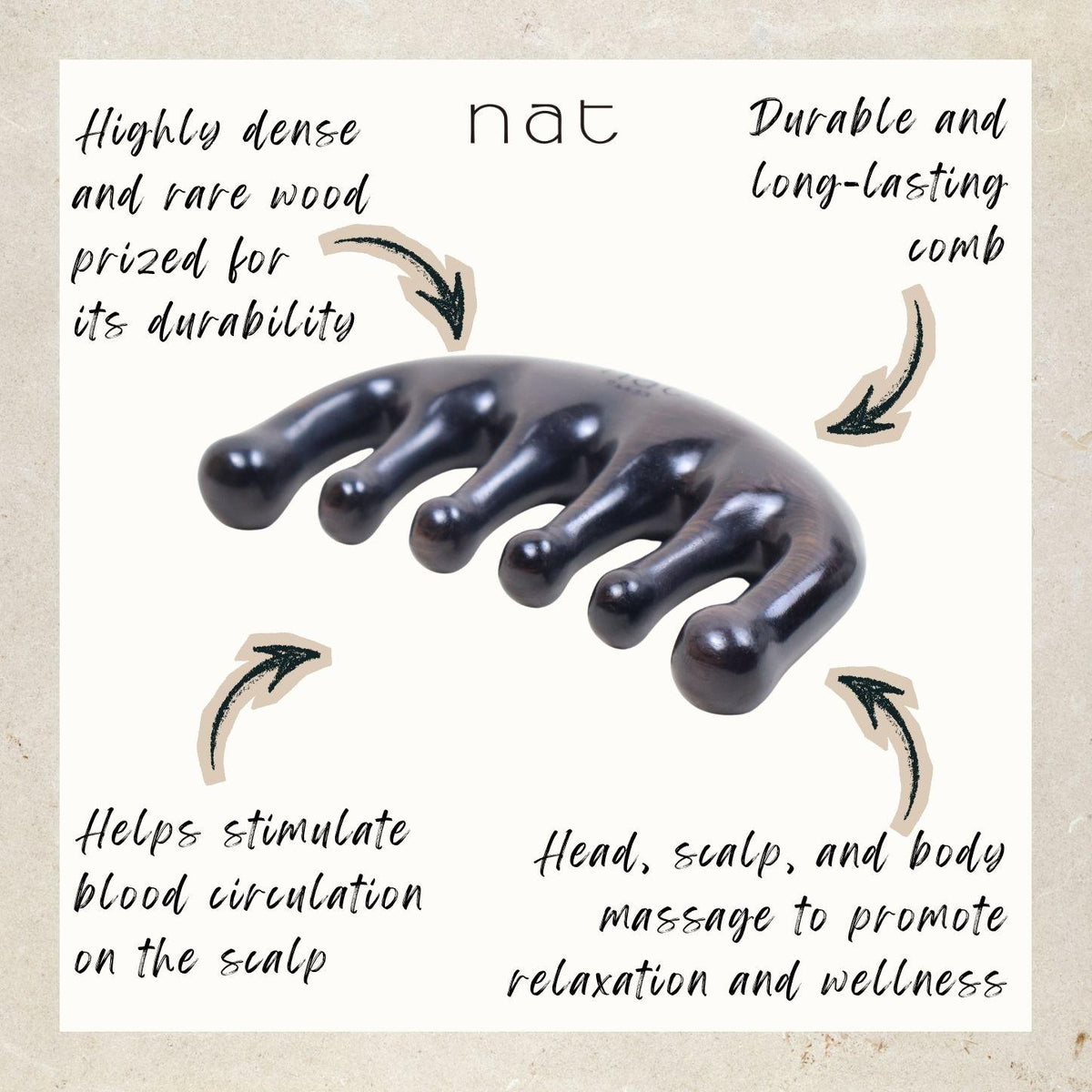 NAT Natural Rare African Blackwood Dalbergia Wood Wooden Massage Anti-Static Gua Sha Smooth Flow Comb - 9947