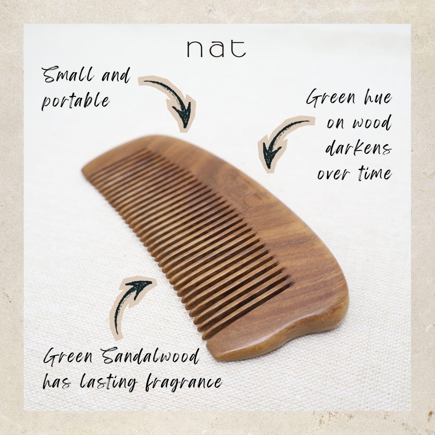 NAT Natural Green Sandalwood Fine Tooth Anti-Static Soothing Head Massage Comb - 9835