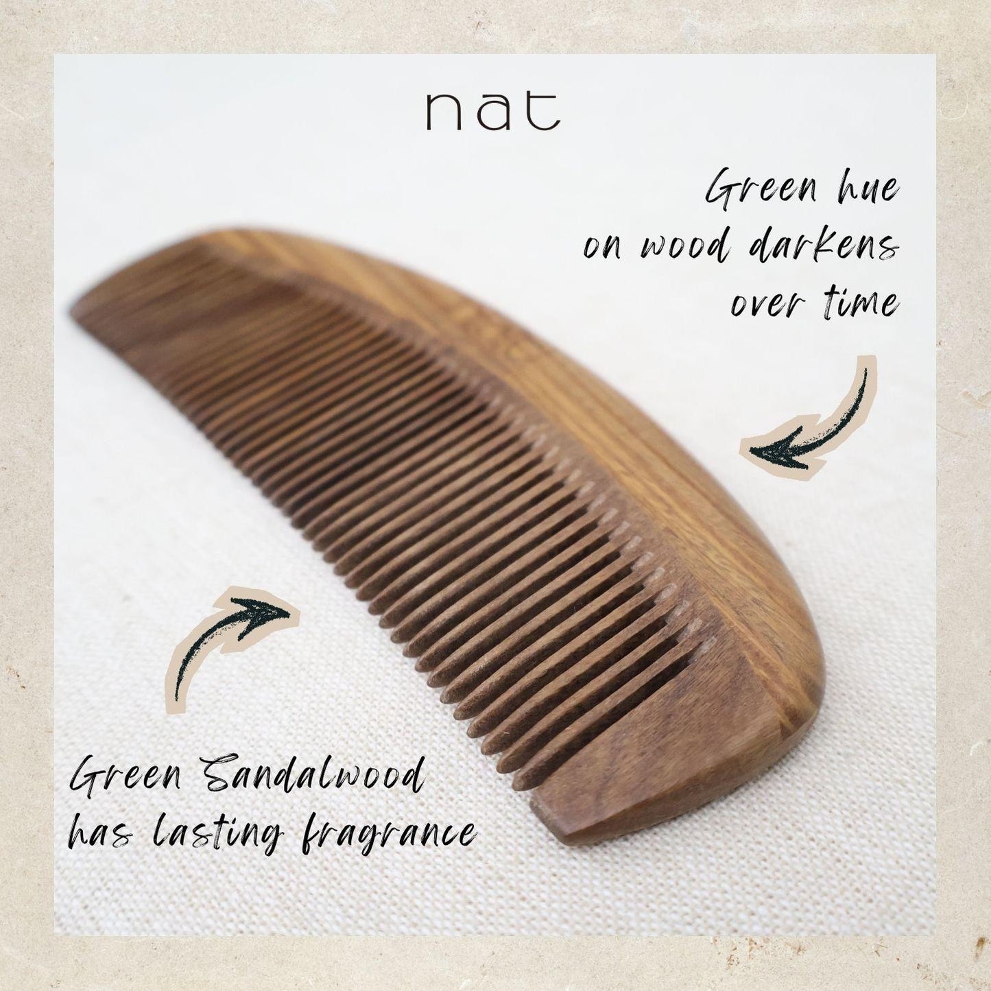 NAT Natural Green Sandalwood Fine Tooth Mix Color Anti-Static Gentle Detangle Comb - 9846