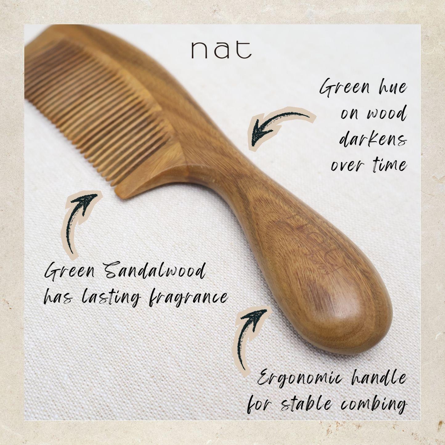 NAT Natural Green Sandalwood Fine Tooth Anti-Static Stress Relief Comb - 9839