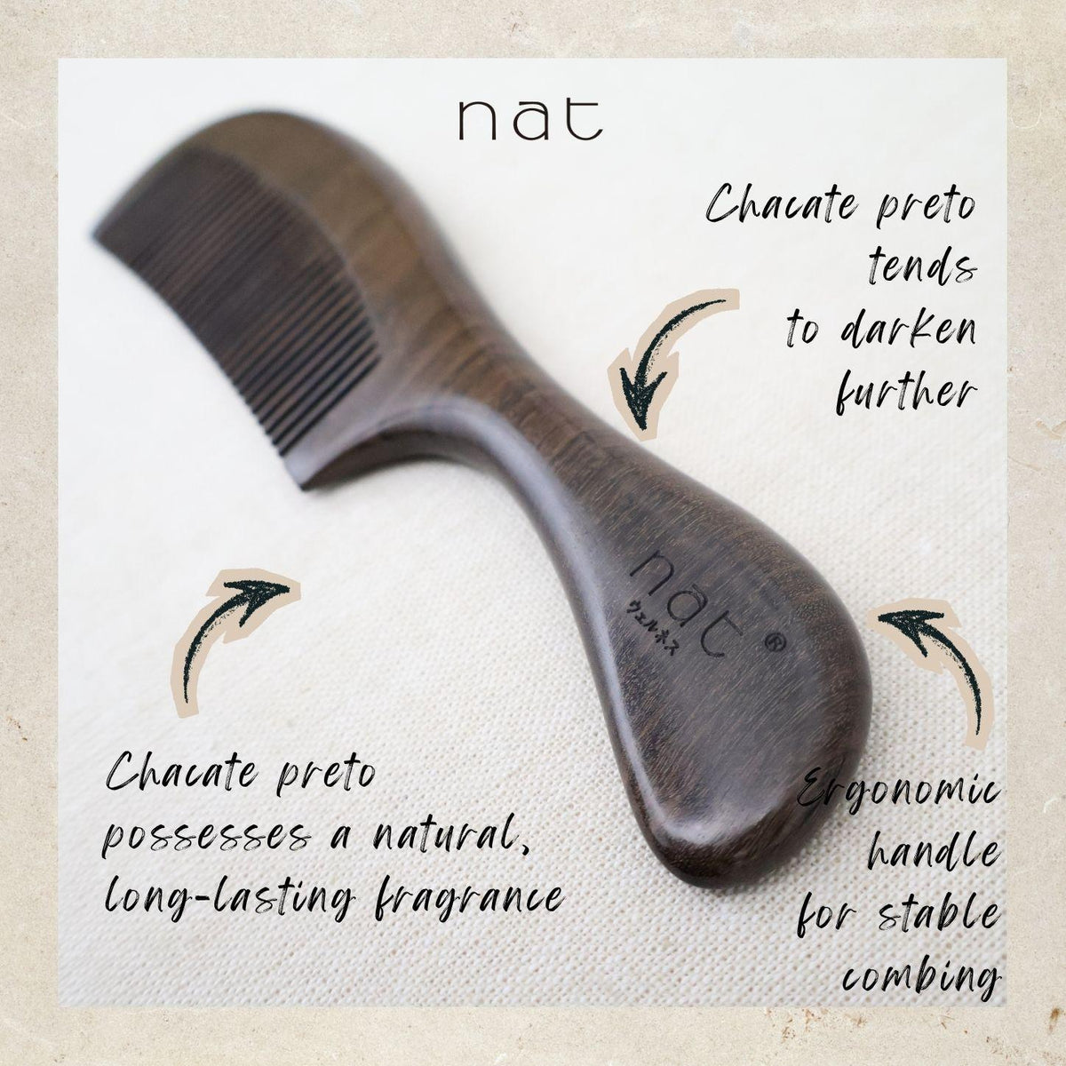 NAT Natural Chacate Preto Wooden Wood Narrow Tooth Premium Anti-Static Care Comb - 9926