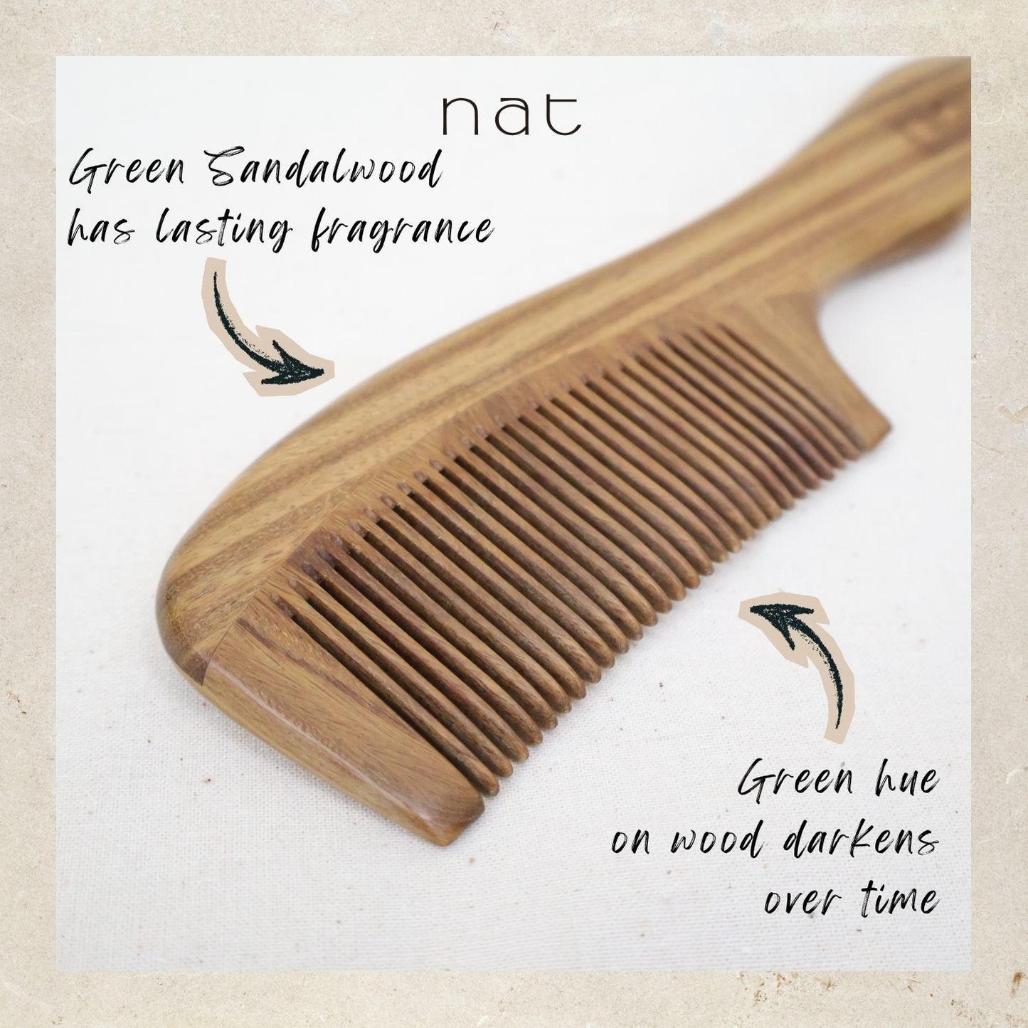 NAT Natural Shine Green Sandalwood Fine Tooth Anti-Static Comb - 9848