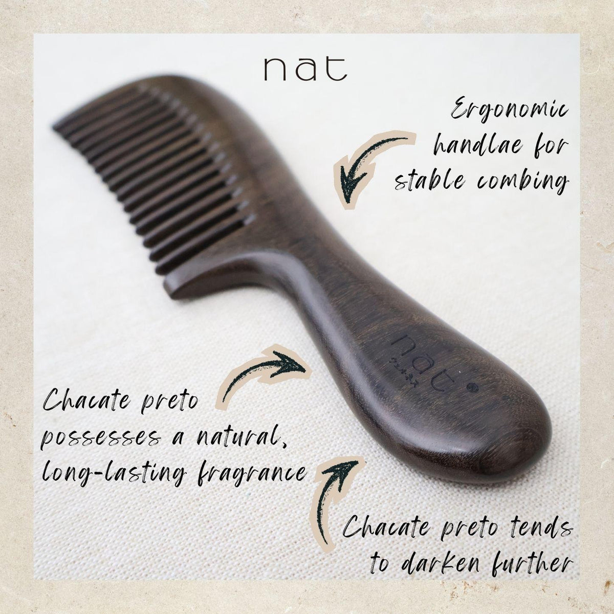 NAT Natural Chacate Preto Wooden Wood Wide Tooth Premium Anti-Static Prime Styling Comb - 9923