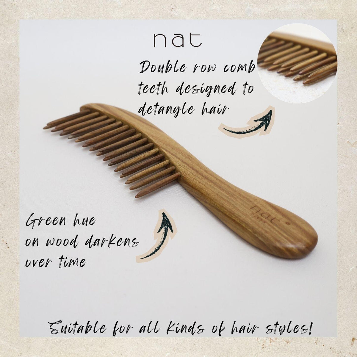 NAT PREMIUM Natural Green Sandalwood Hair Detangler Anti-Static Smooth and Care Comb - 9928