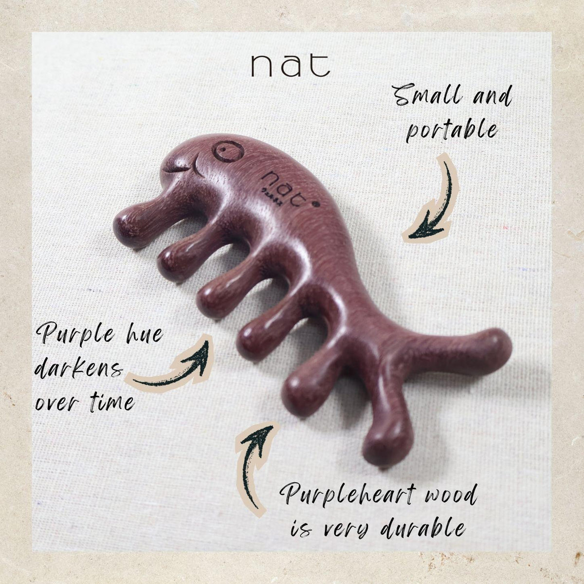 NAT Natural Purpleheart Wood Wooden Massage Anti-Static Cartoon Fish Bone Gua Sha Gentle Relief Comb - 9965