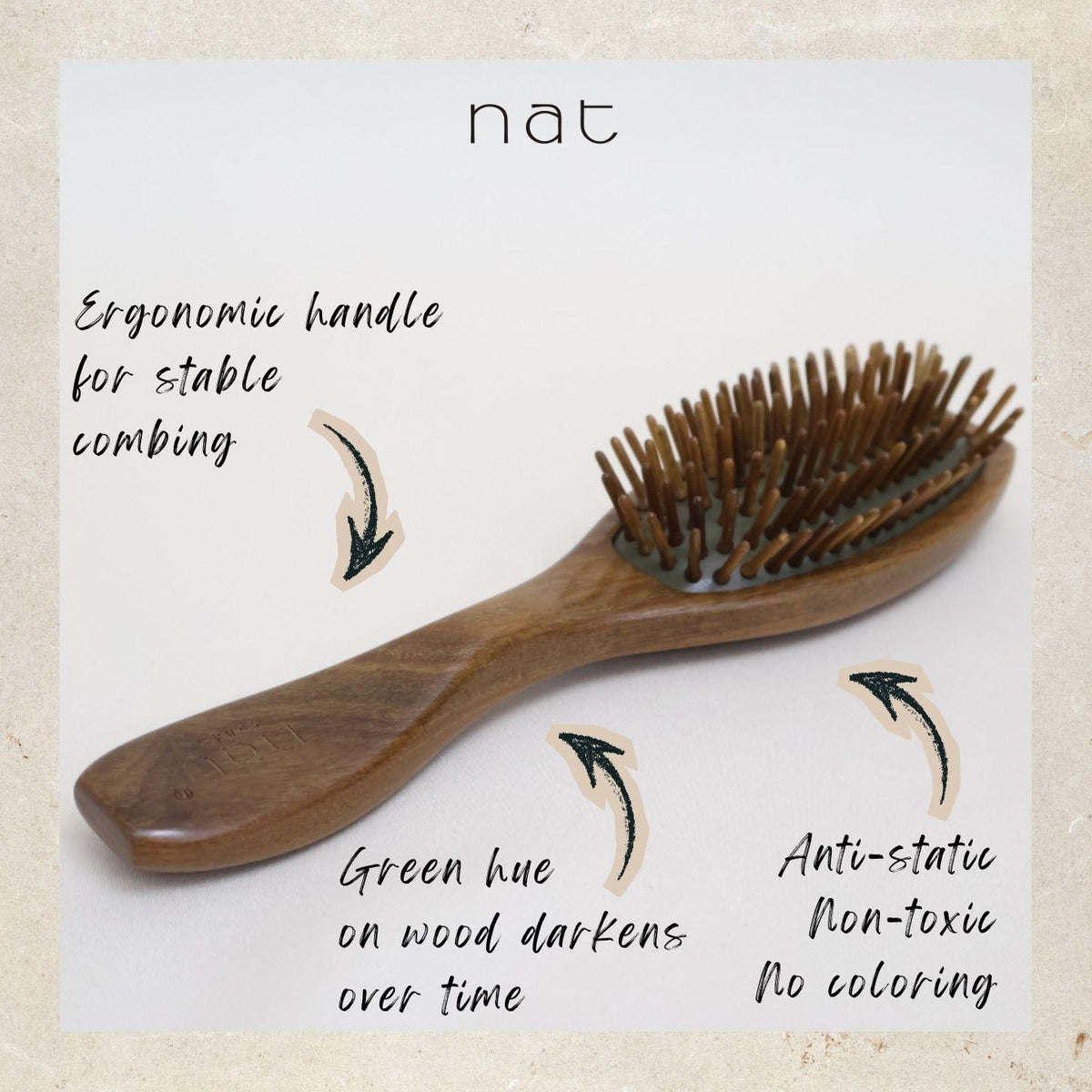 NAT PREMIUM High Quality Green Sandalwood Non-Static Non-Toxic No Coloring Hair Gentle Detangle Brush - BW88