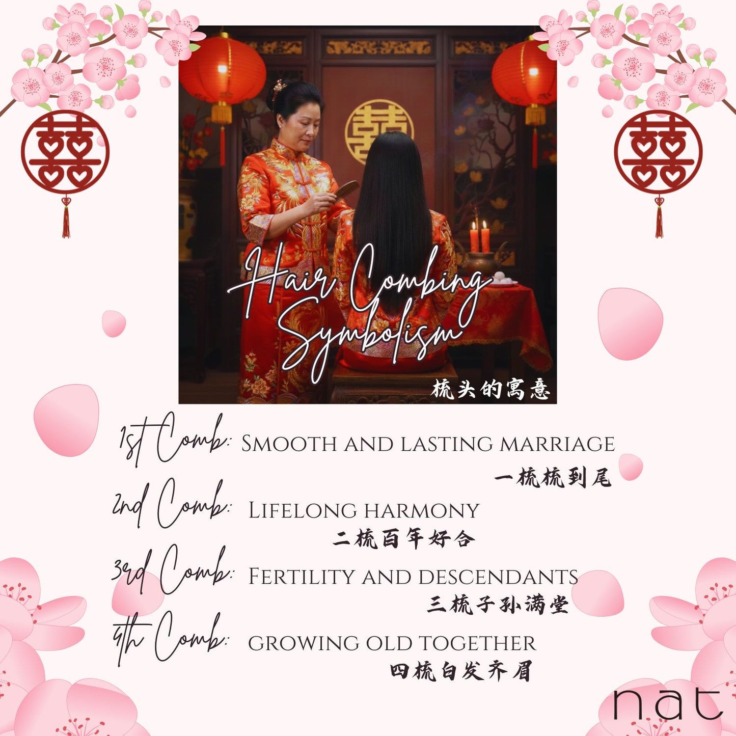 NAT High Quality & Premium Chinese Wedding Exclusive Gold Sandalwood Natural & Anti Static Boxed Comb Set - 9980