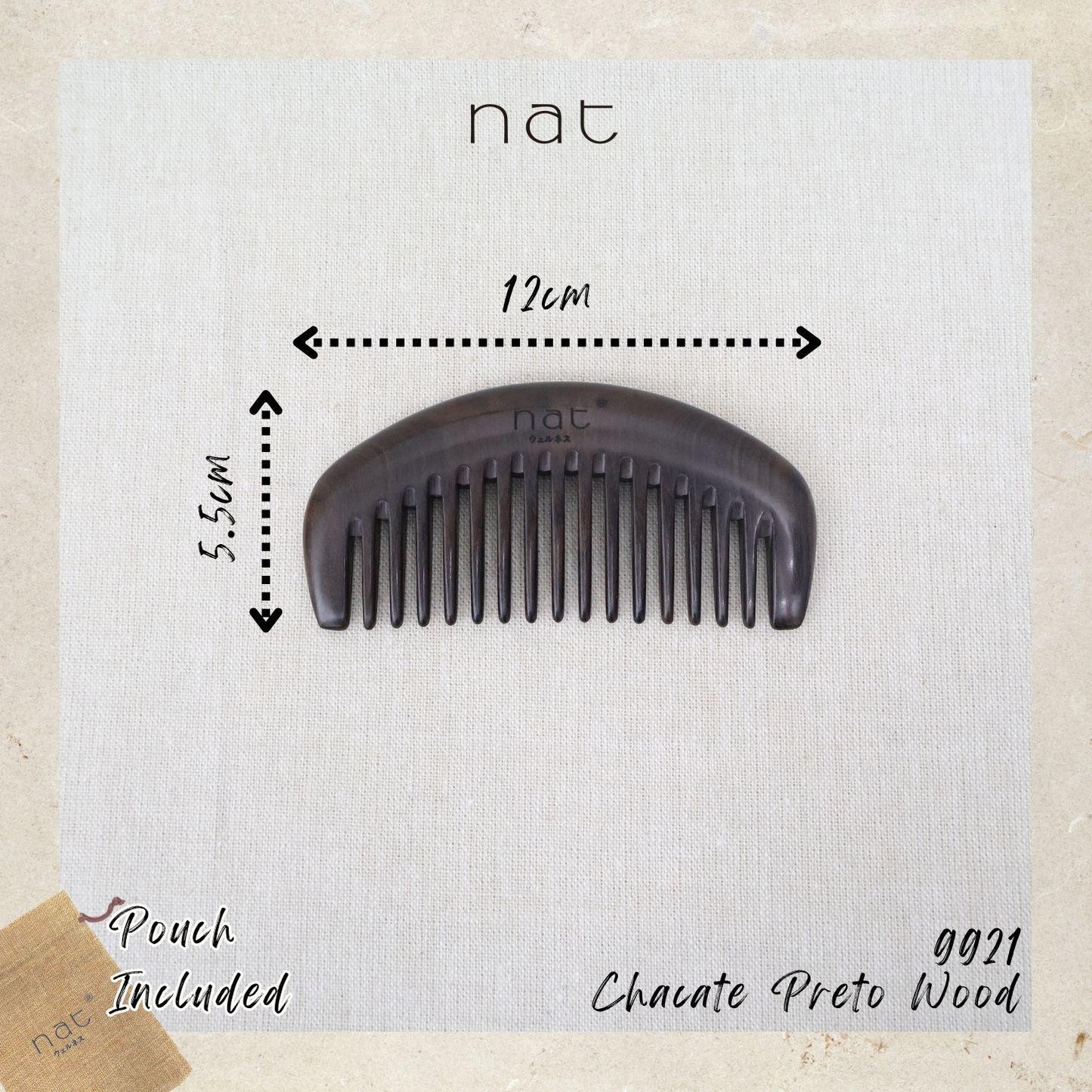 NAT Natural Chacate Preto Wooden Wood Wide Tooth Portable Anti-Static Gentle Care Comb - 9921