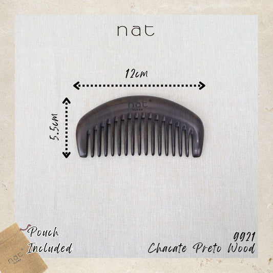 NAT Natural Chacate Preto Wooden Wood Wide Tooth Portable Anti-Static Gentle Care Comb - 9921