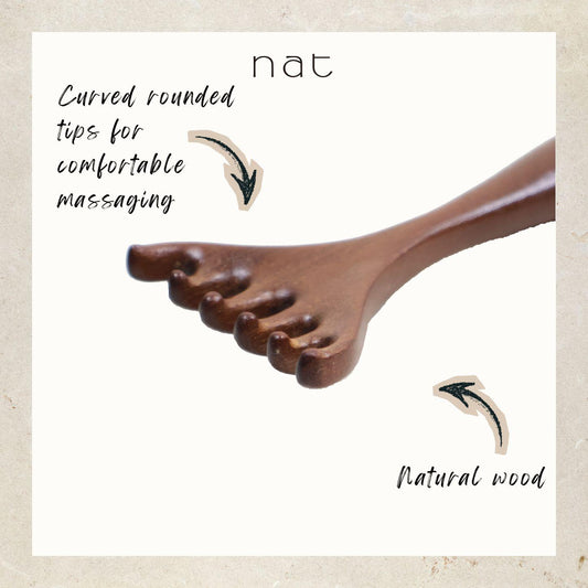 NAT Natural Walnut Wood Wooden Gentle Scalp Care Massage Anti-Static Six Wide Rake Design Gua Sha - 9939