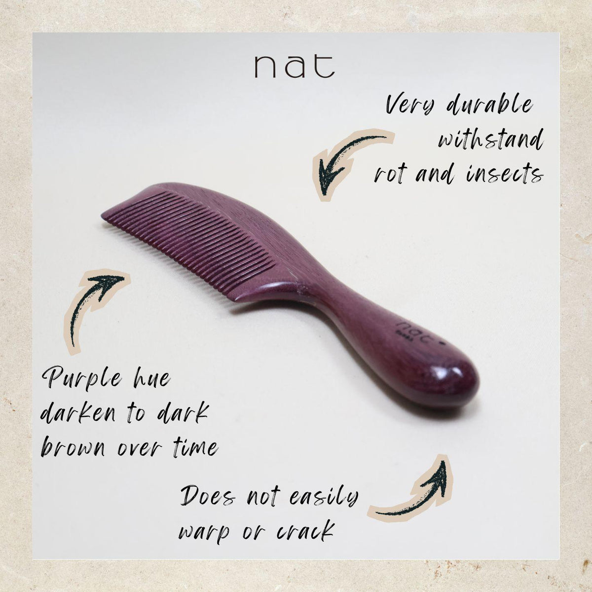 NAT Natural Purpleheart Hardwood Wooden Anti-Static Wood Prime Styling Comb - 9959