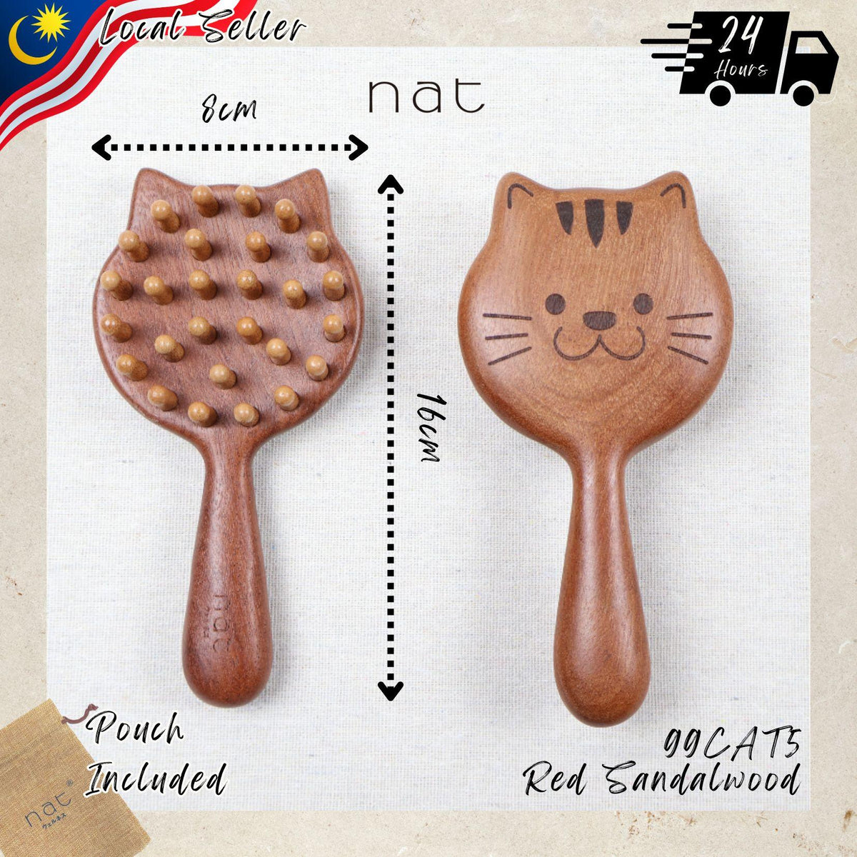 NAT Natural Red Sandalwood Cat Wooden Cute Gentle Scalp Care Hair Brush - 99CAT5