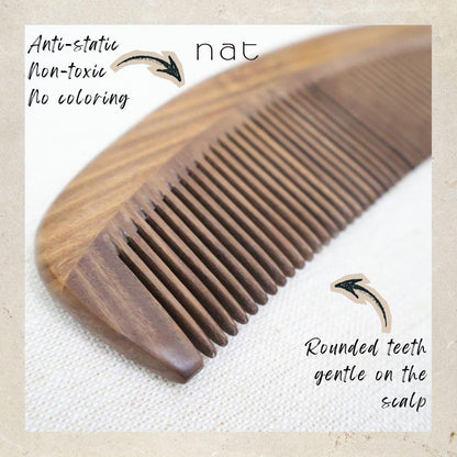 NAT Natural Green Sandalwood Fine Tooth Mix Color Anti-Static Gentle Detangle Comb - 9846
