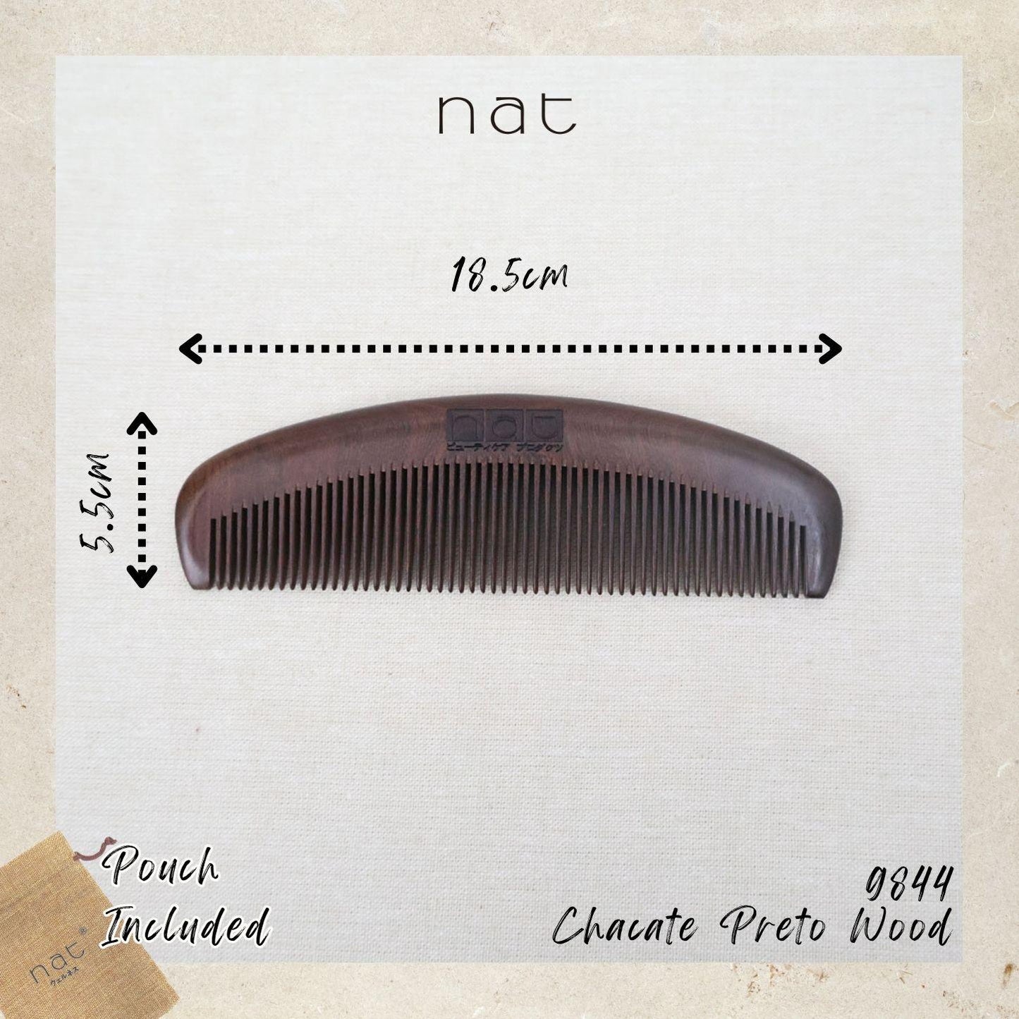 NAT Natural Chacate Preto Wood Fine Tooth Anti-Static Comfort Care Comb - 9844