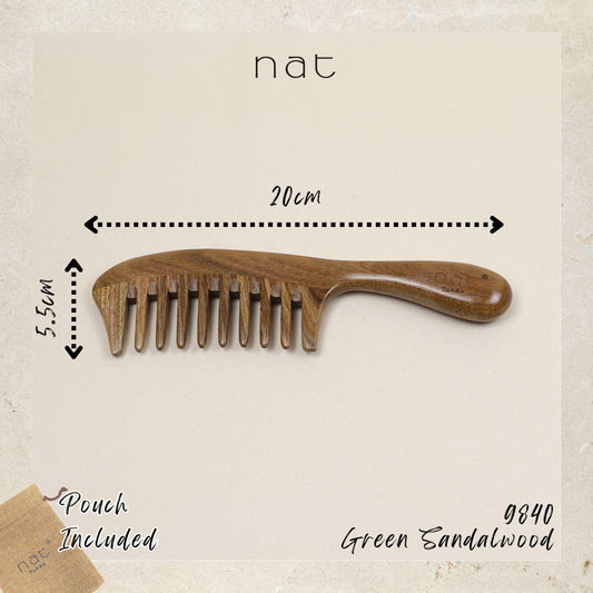NAT Natural Green Sandalwood Wide Tooth Anti-Static Comfort Grip Massage Comb - Upgraded Version - 9840