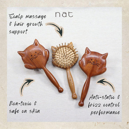 NAT Natural Gold Sandalwood Wood Cute Kitty Hair Brush - 99CAT3