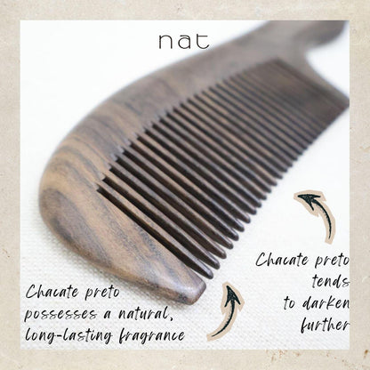 NAT Natural Smooth Care Chacate Preto Wooden Wood Narrow Tooth Ergonormic Handy Premium Anti-Static Comb - 9925