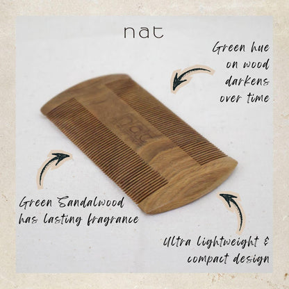 NAT Natural Green Sandalwood Double Sided Anti-Static Beard Care Comb - 9849