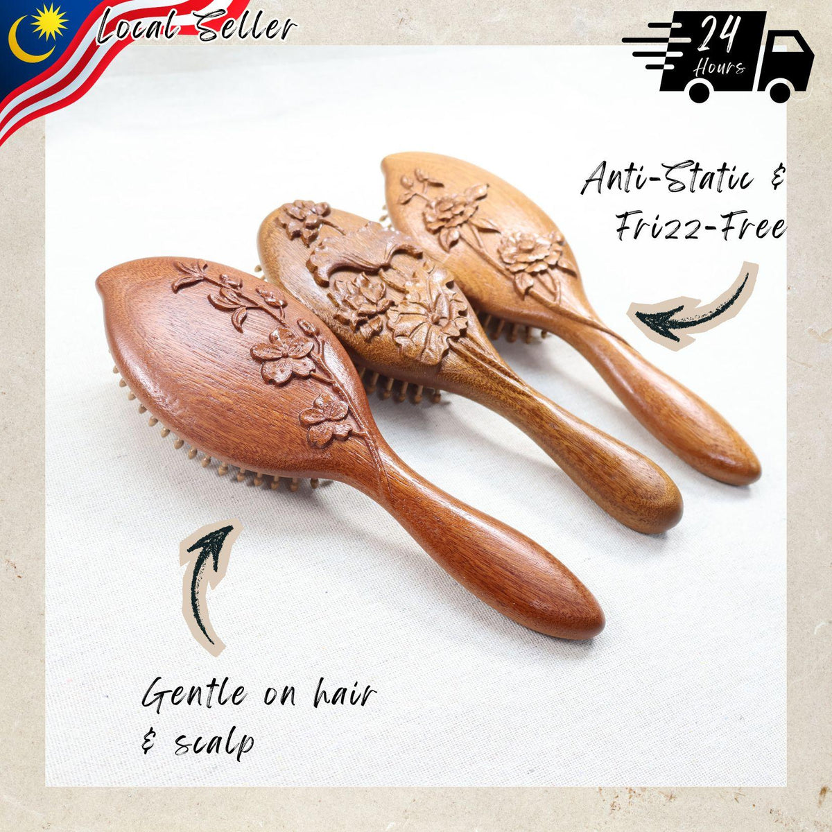 NAT High Quality & Premium Oriental Handcrafted Natural & Anti Static Red Sandalwood Premium Head Brush - BW26