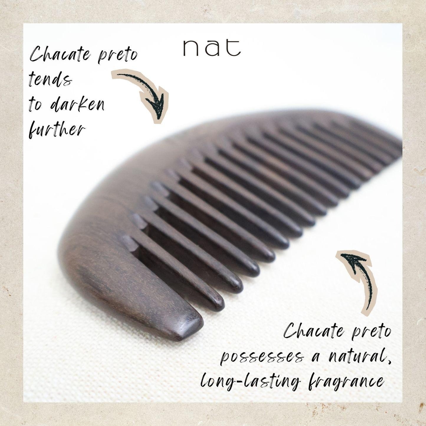 NAT Natural Chacate Preto Wooden Wood Wide Tooth Portable Anti-Static Gentle Care Comb - 9921