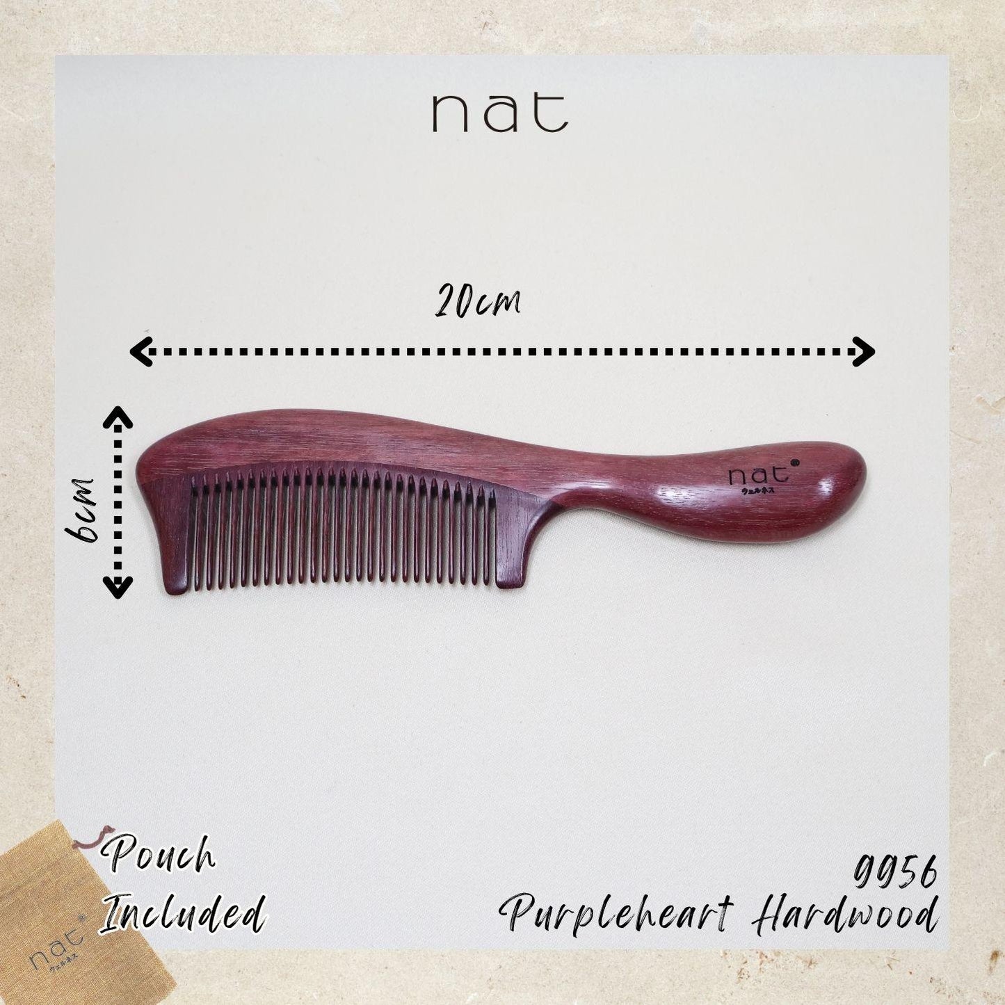 NAT Natural Purpleheart Hardwood Wooden Anti-Static Wood Smooth Care Comb - 9956