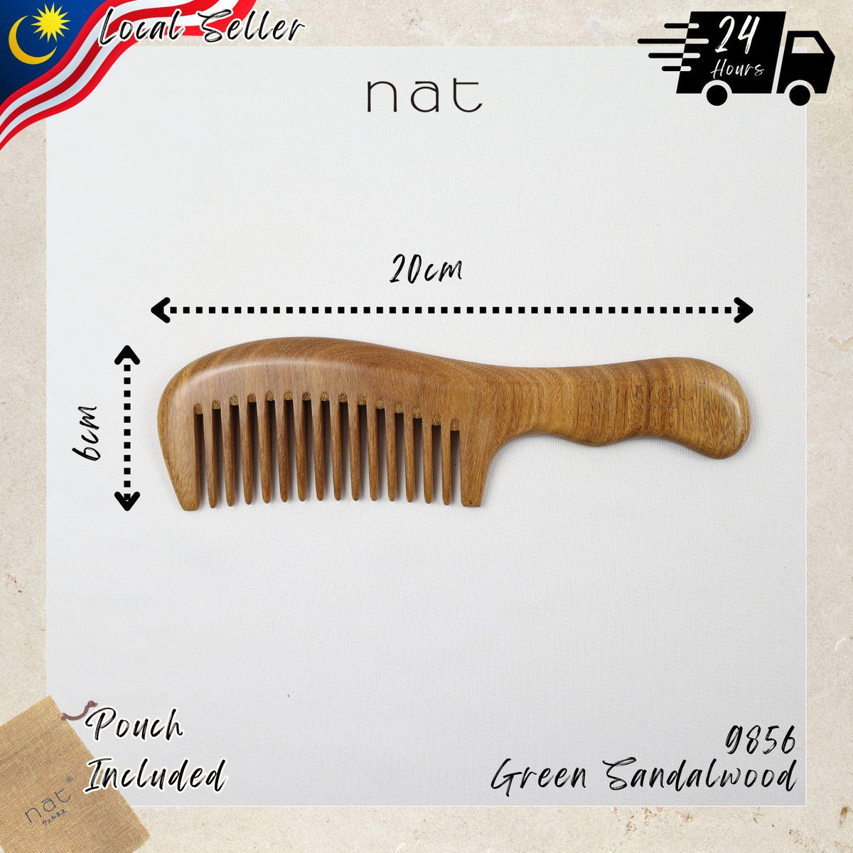NAT Natural Green Sandalwood Wide Tooth Anti-Static Ergonormic Comb Hair Accessories - 9856