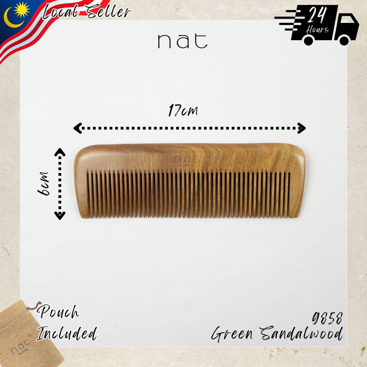 NAT Natural Green Sandalwood Wide Tooth Anti-Static Straight Comb Hair Accessories - 9858
