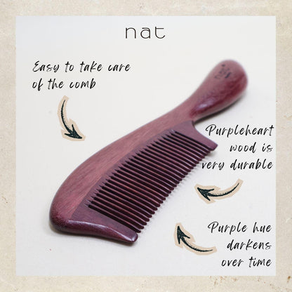 NAT Natural Purpleheart Hardwood Wooden Anti-Static Wood Smooth Care Comb - 9956