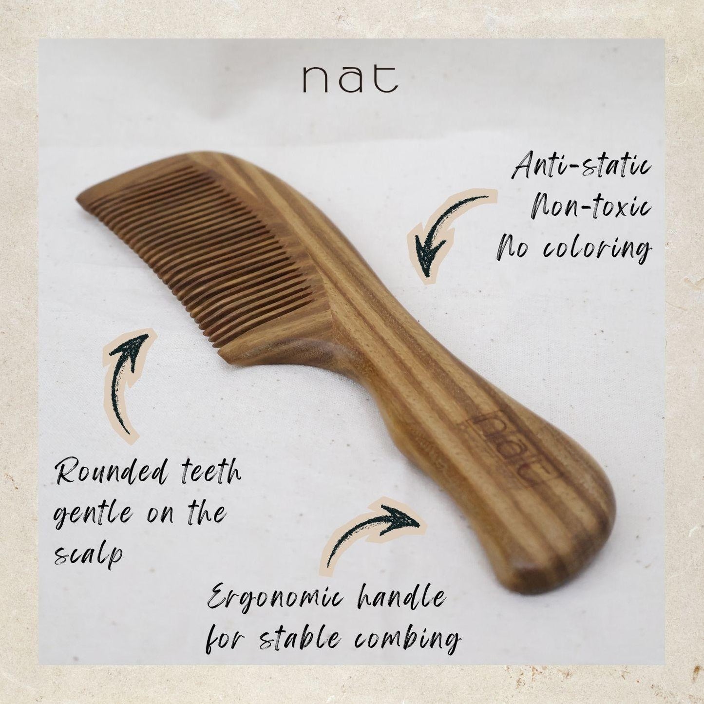 NAT Natural Shine Green Sandalwood Fine Tooth Anti-Static Comb - 9848