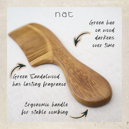 NAT Natural Green Sandalwood Fine Tooth Mix Color Anti-Static Gentle Relief Comb - 9847