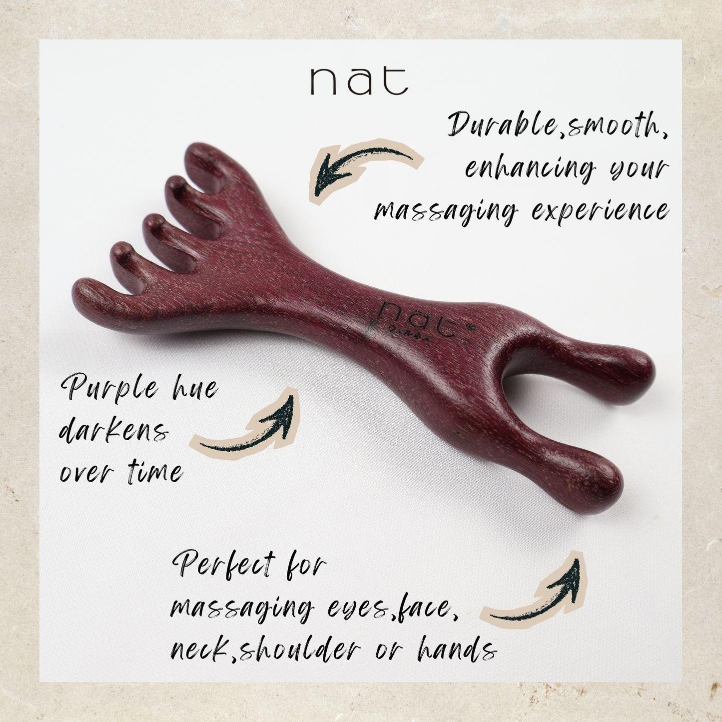 NAT Premium Natural Purpleheart Wood Wooden Massage Anti-Static Gua Sha Comb - 9981