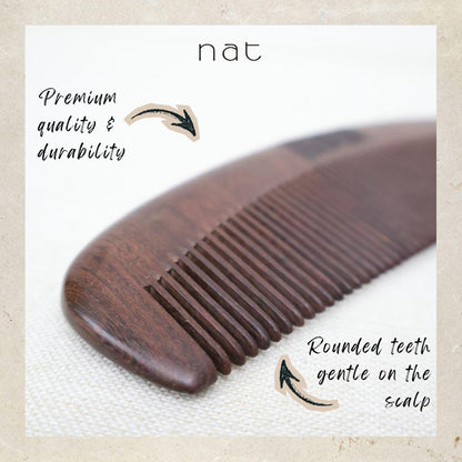 NAT Natural Chacate Preto Wood Fine Tooth Anti-Static Comfort Care Comb - 9844